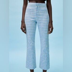 Zara Blue and White Checkered Flare Pants